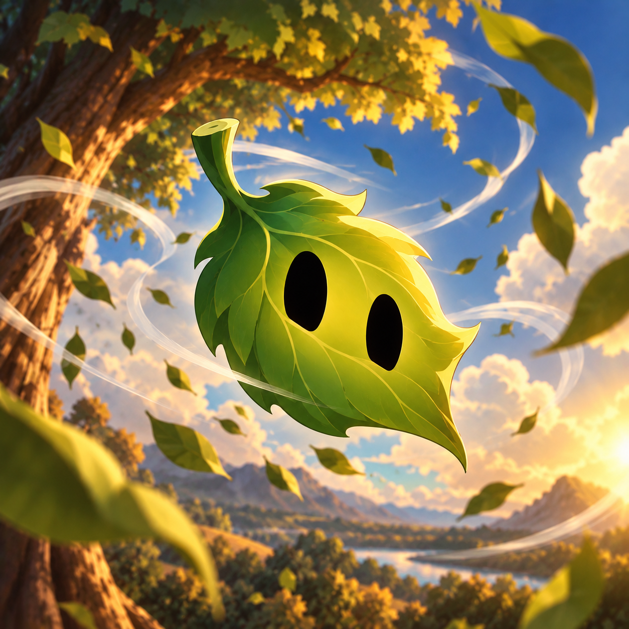 LEAFBOT floating through golden autumn leaves above a mountain valley